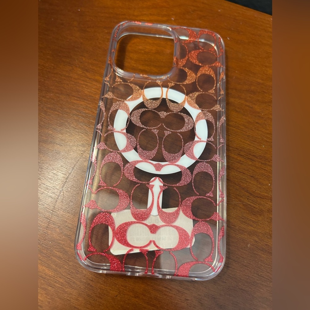 Coach iPhone 15 Pro Max Case Pink Ombre Glitter Signature Pattern NWT no box - Picture 6 of 7